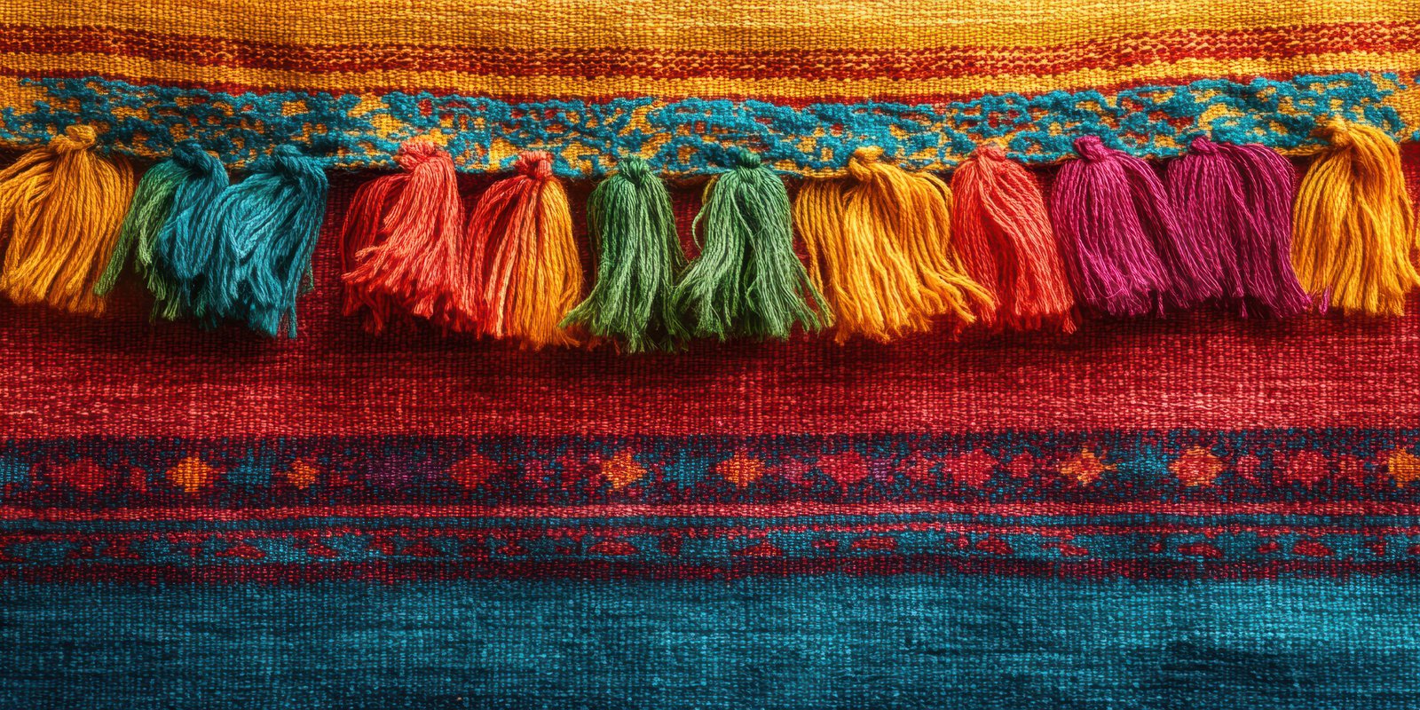 Colorful woven textile with intricate patterns and vibrant tassels showcasing traditional craftsmanship